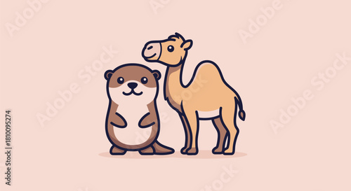 Cartoon otter and camel standing side-by-side, smiling, on a pink background