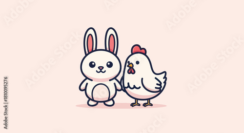 A charming illustration depicts a friendly bunny and chicken side-by-side