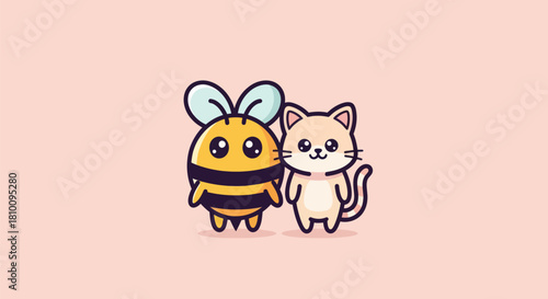 Adorable cartoon illustration depicts a bee and a cat standing together on a pink background