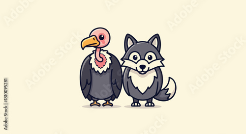 Cartoon vulture and wolf standing side-by-side on a cream background
