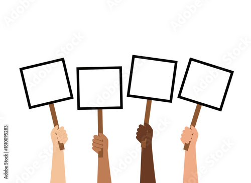 Illustration of women’s arms holding blank banners for text, participating in a protest, depicted in flat vector style on a white background