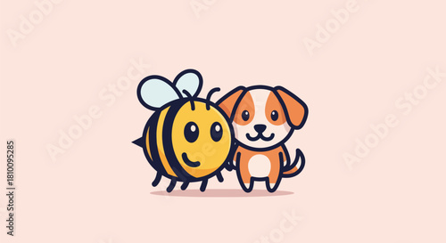 Adorable cartoon bee and dog happily standing together on a light pink background