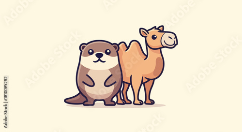 A cartoon otter stands next to a camel against a cream backdrop. Cheerful, simple