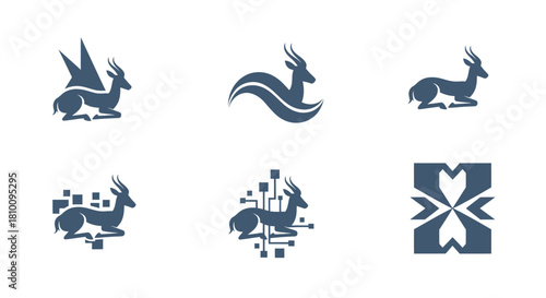 Six minimalist logos featuring a gazelle silhouette. Some have wings, tech elements, or geometric shapes