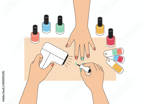 Illustration of a professional manicurist attending to a client, featuring a table with gel polish, a swatch palette, and a UV lamp, rendered as a colorful flat vector cartoon from a top view