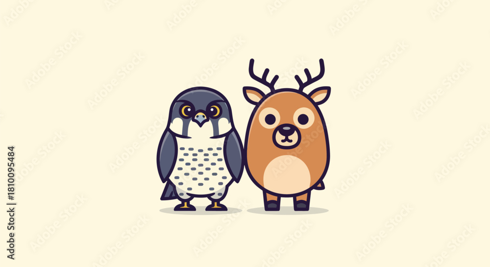 Naklejka premium A stylized cartoon falcon and deer stand together on a cream backdrop