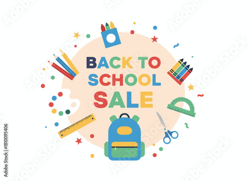 An eye‑catching horizontal banner showcasing classroom stationery, lesson supplies, and educational accessories, promoting a back‑to‑school sale with a colorful flat‑style cartoon vector illustration