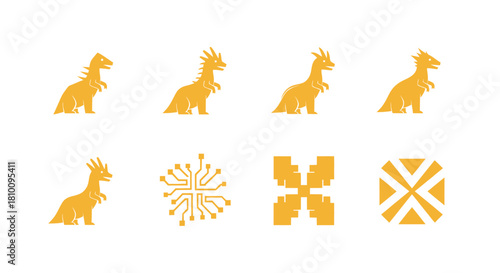 A series of stylized, gold-toned dinosaur silhouettes and abstract icons on a white background