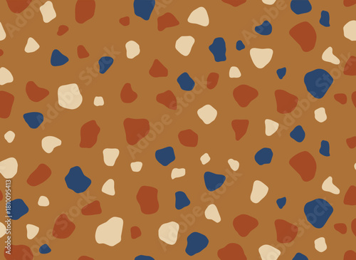 A seamless terrazzo pattern featuring vibrant stone fragments, set against an orange backdrop scattered with mineral rock pieces, crafted as a creative vector illustration for textile prints and
