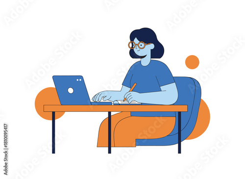 A female entrepreneur uses a laptop, jotting notes with a pencil on paper, depicted in a flat vector illustration against a white background