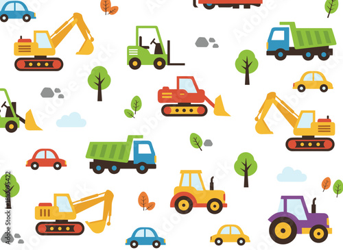 A repeating Scandinavian-style transport pattern featuring a seamless, child-friendly Nordic background with toy cars, taxis, industrial and construction vehicles, and trucks, rendered as a colored