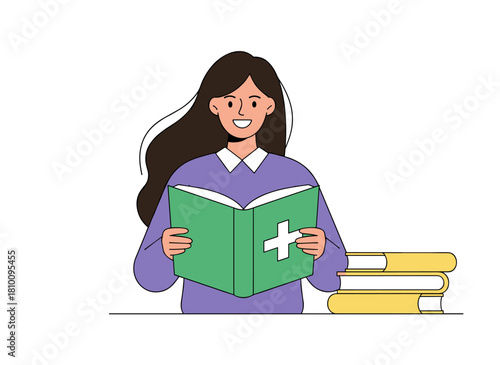 Female student reading a book, holding a textbook while studying; a learner preparing for exams with literature, depicted as a flat vector illustration on a white background