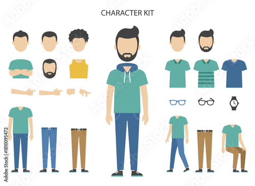 DIY kit for photographer construction, featuring a collection of male cartoon character body parts, facial expressions, clothing, and both digital and film cameras isolated on a white background