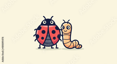Friendly cartoon insects, a ladybug and a worm, stand together with smiling expressions