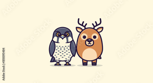 A stylized cartoon falcon and deer stand together on a cream backdrop
