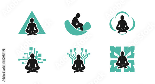 Six logos featuring a human silhouette in meditation pose with varying teal/black geometric designs