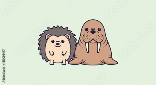 A friendly cartoon hedgehog and walrus side-by-side, against a soft green backdrop