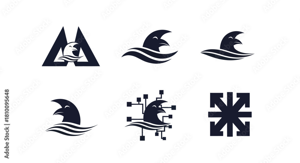 Obraz premium Set of graphic illustrations. Designs include a bird with waves, a network design, and arrows