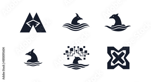 Six distinct dark logos on a white background. Some have animal silhouettes, others shapes