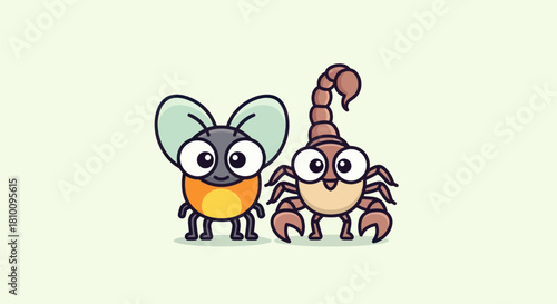 Cartoon illustration featuring a fly and a scorpion, both with big eyes