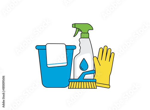 A flat vector illustration on a white background shows cleaning supplies including a bucket, washing brush, detergent, chemical spray bottle, and cloth, along with housekeeping tools and a housework