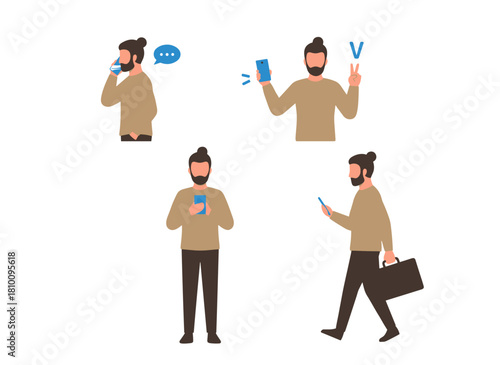 A stylishly dressed young man holding a smartphone, texting, chatting, taking a selfie, and reading a message, depicted as a male cartoon character on a white background in a colorful flat