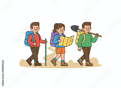 A flat vector illustration of a team of archaeologists and researchers, featuring excited men and women with archaeological gear reading a map, while treasure hunters search for artifacts