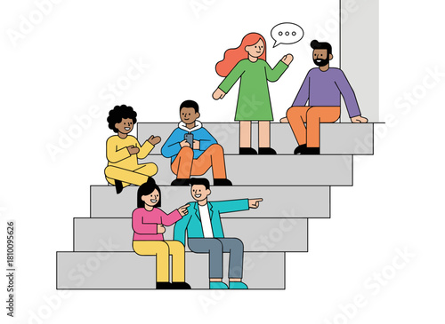 A diverse group of young people gather to chat and unwind outdoors, with friends and couples seated on benches in a modern community setting, depicted as a flat vector illustration on a white