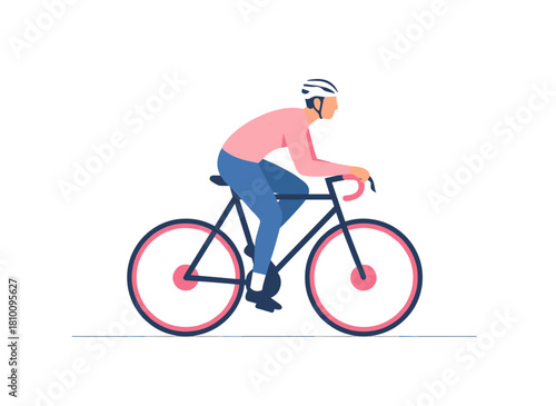 A cheerful man wearing a helmet rides a foldable bike, depicted in a bright, flat cartoon vector illustration against a white background
