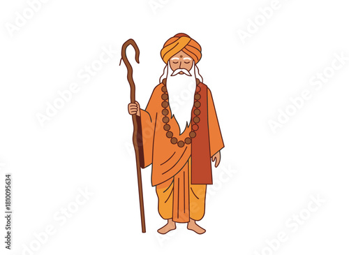 An Indian guru, depicted as a male cartoon character in traditional clothing and a turban, holding a cane, isolated on a white background in a flat colorful illustration