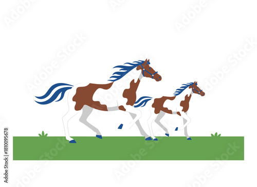 Illustrate a pinto mare and foal galloping and strolling across a grassy field, while a thoroughbred family grazes in a pastoral countryside setting, rendered as a flat vector on a white background