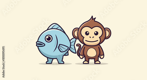 An illustration features a cartoon fish and monkey standing side-by-side on a light cream background