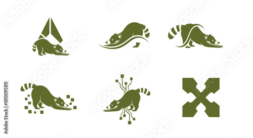 Six green raccoon-themed designs on white background, showcasing various poses and styles