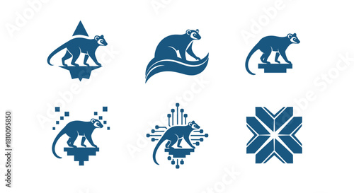 A series of blue silhouette animal logos, featuring a raccoon-like creature