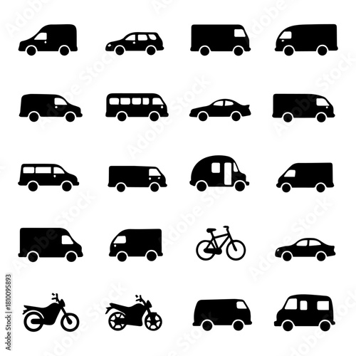 Collection of Black Transport Silhouettes Vans, Minivans, Cars, Bus, Motorcycles, and Bicycles for Mapping, Fleet Tracking, Delivery Services, and Professional Digital Graphics