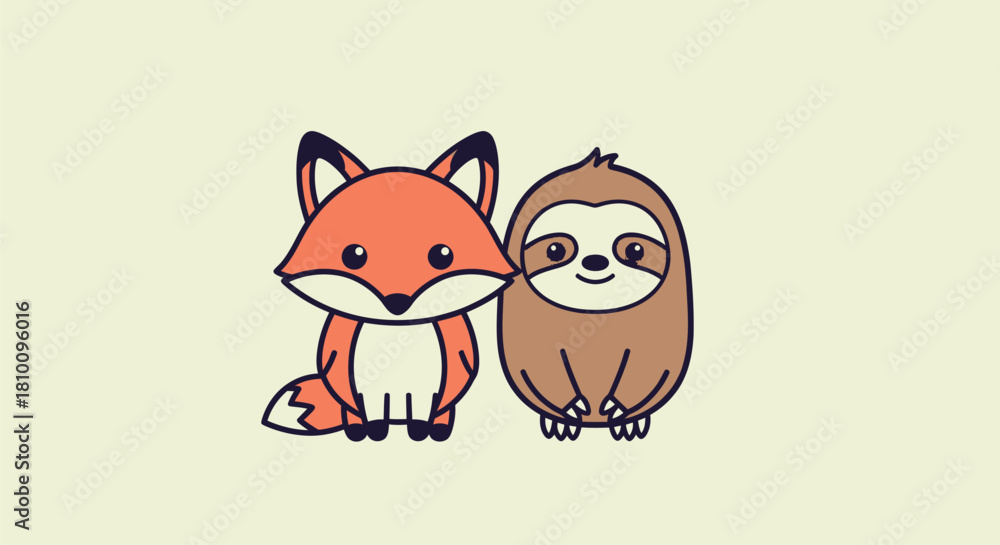 Fototapeta premium Two cartoon animals a fox and a sloth, stand side-by-side. Soft beige background