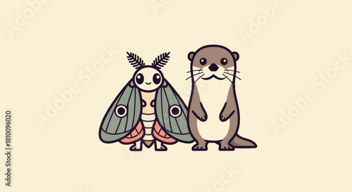 A cartoon moth with large eyes and an otter stand side-by-side on a light cream background