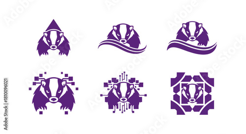 Six purple badger designs showcasing variations in style, ranging from simple to more intricate