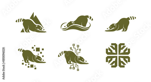 Collection of stylized animal logos in olive green, featuring a raccoon-like creature