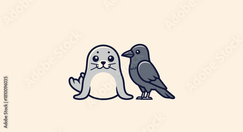 Cartoon-style seal and crow stand together on a cream background