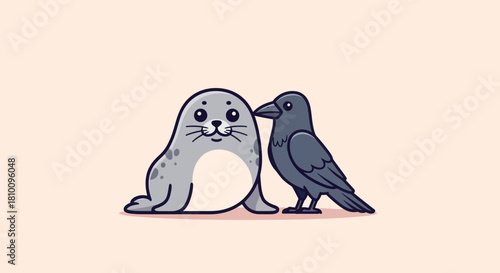 A cartoon seal and a crow are sharing a moment against a soft, pinkish background