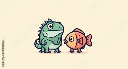 An iguana and fish stand side-by-side, cartoon style, on a cream background