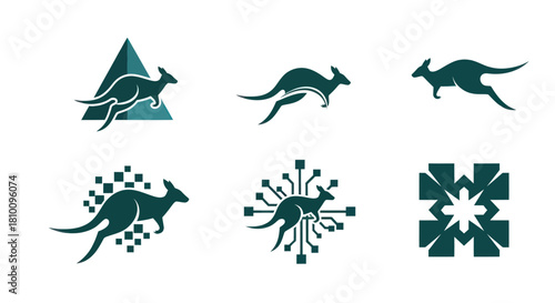 Six stylized kangaroo logos in teal on white. Some feature tech elements