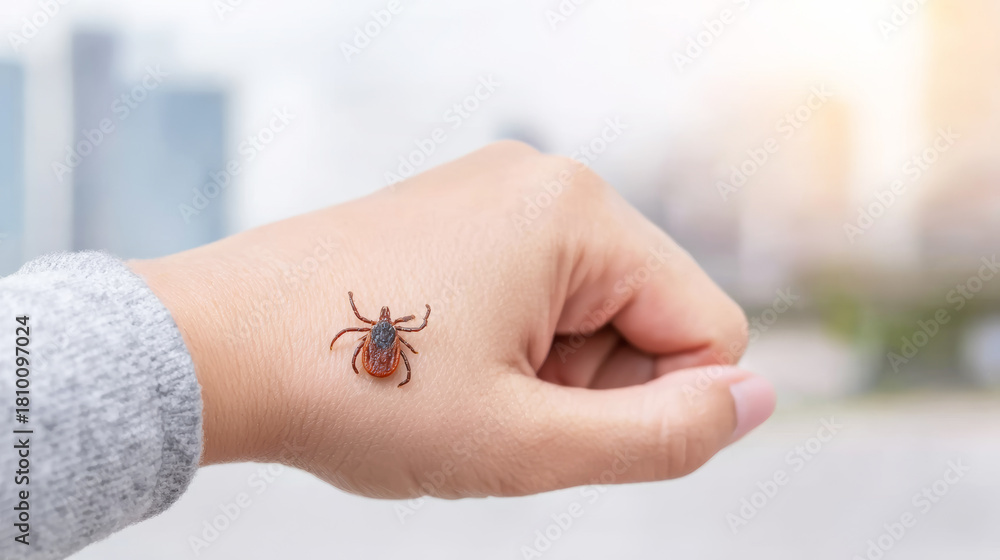 Obraz premium Tick crawling on human hand, symbolizing disease risk, preventing infections, and outdoor parasite awareness