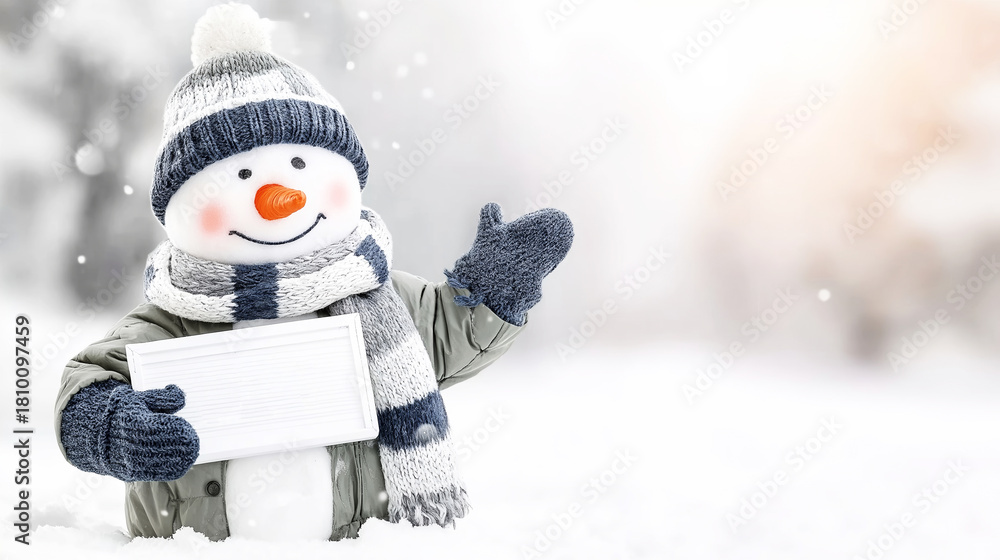 Naklejka premium Snowman in hat, scarf, jacket, and mittens holding a blank white sign. Presenting with a cheerful smile and pointing to copy space