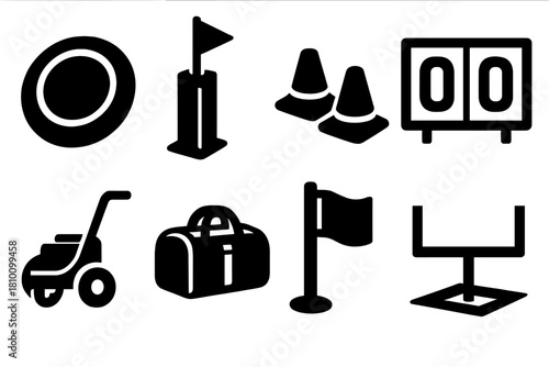 Ultimate Frisbee Icons. Ultimate Frisbee field elements silhouette set: disc, end zone marker, cones, scoreboard, line marker, bag, flag, goal line.