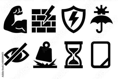 Durability Icon Set. Durability performance icons silhouette set: strength, resistance, impact shield, weatherproof, scratchproof, shock absorb, long-lasting, reinforced edge.
