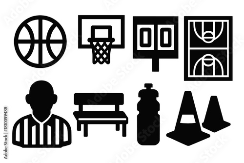 Basketball Icons Collection. Basketball court elements silhouette set: basketball, hoop, scoreboard, court lines, referee, bench, water bottle, cones.