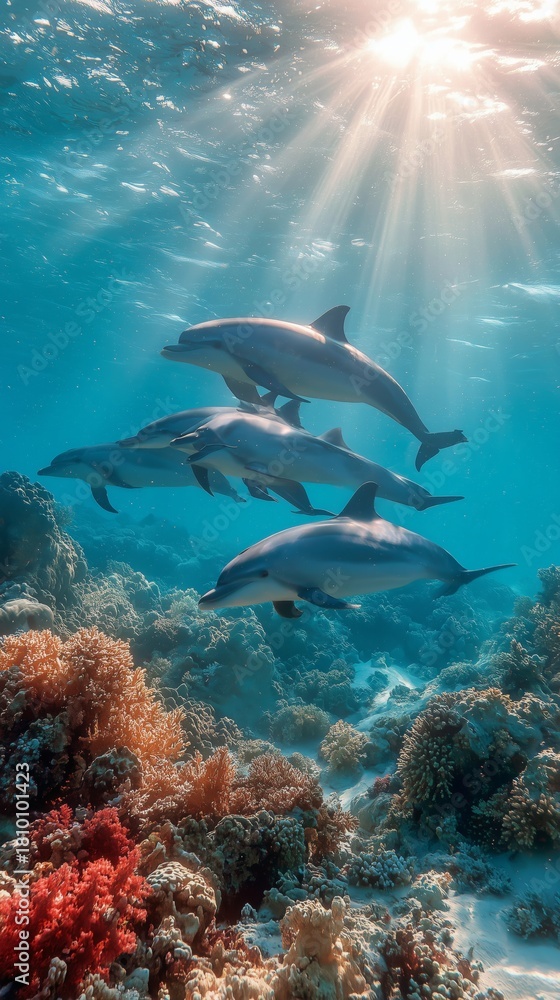Fototapeta premium Four Dolphins Swimming Gracefully Over Vibrant Coral Reefs in Clear Blue Waters