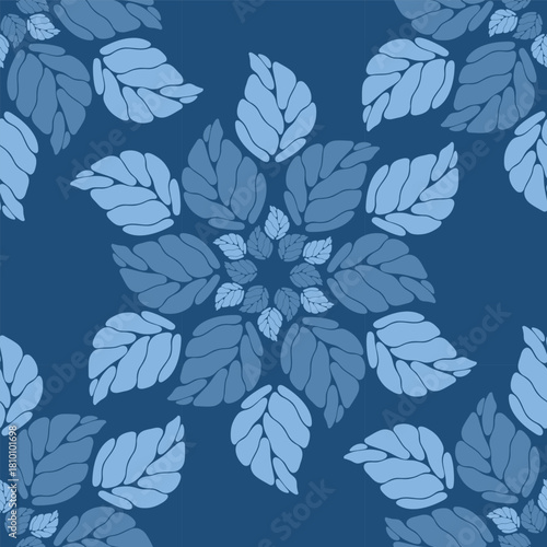 Leaf vector seamless pattern with stylized foliage arranged in mandala shape....